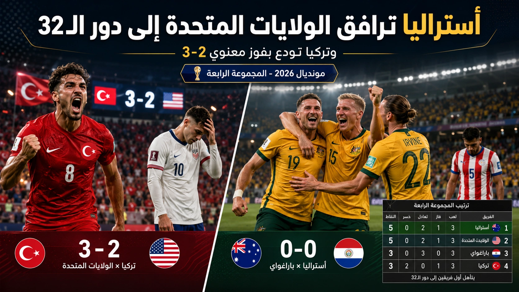 أستراليا ترافق الولايات المتحدة إلى دور الـ32 وتركيا تودع بفوز معنوي